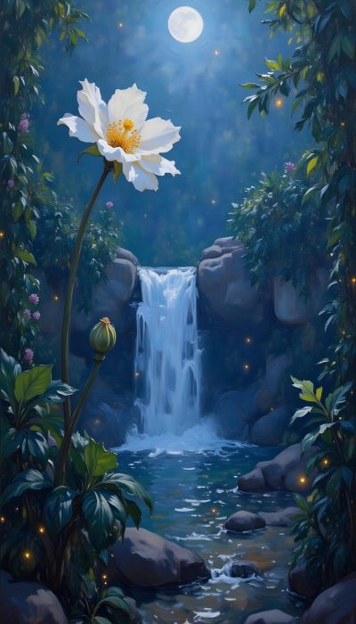 A digital painting of white flower under the full moon in a side of river surrounded by forest nature - Ai Generated