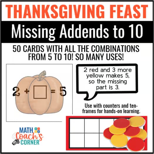 Thanksgiving Combinations to 10 with Missing Addends | Kinder & 1st Grade