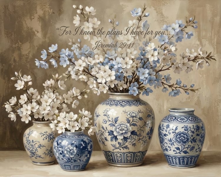 Digital wall art print featuring blue and white Chinoiserie vases filled with spring blossoms, displaying the Bible verse Jeremiah 29:11 in elegant script.