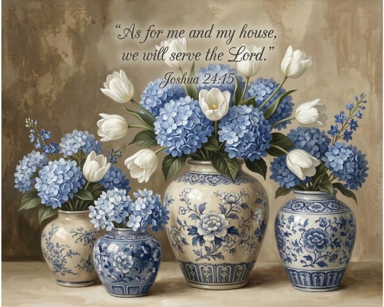 Joshua 24:15 Scripture Wall Art | Blue Hydrangea Chinoiserie Print