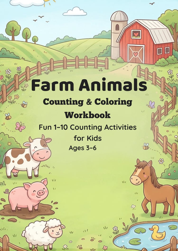 Farm animals counting and coloring workbook cover for kids ages 3–6 with cow, pig, horse, sheep and duck in a colorful farm scene preschool printable learning activity