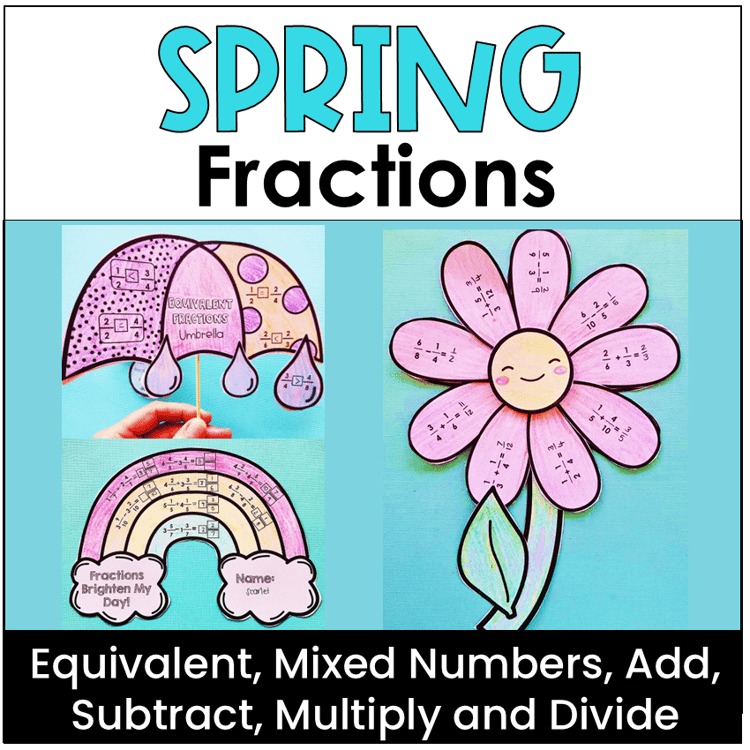 Spring fractions crafts to practice equivalent, mixed numbers, add, subtract, multiply and divide fractions.