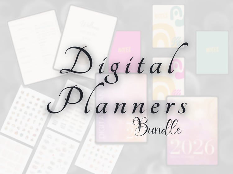 Various graphics under a white background with the words "Digital Planners Bundle" laid over top of it.