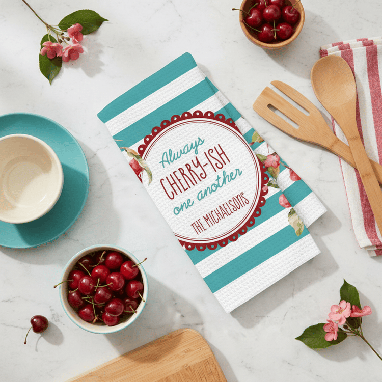 Kitchen towel titled Always Cherry-ish One Another on a kitchen counter with cherries and utensils.