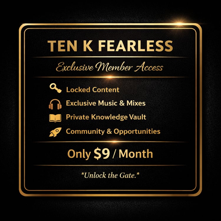 Ten K Fearless Membership thumbnail showing black and gold branding for a self-improvement, wealth-building, and personal development program with a focus on discipline, mindset, and community growth