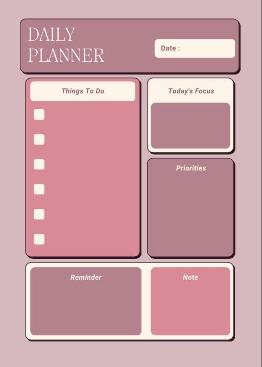 "Daily planning page from purple planner with sections for Things To Do, Todays Focus, Priorities, Date, Reminder, and Note – clean modern layout in soft purple."