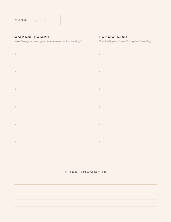 "Daily planning page with sections for GOALS TODAY and TO-DO LIST – clean, minimalist layout for daily intentions and task tracking."