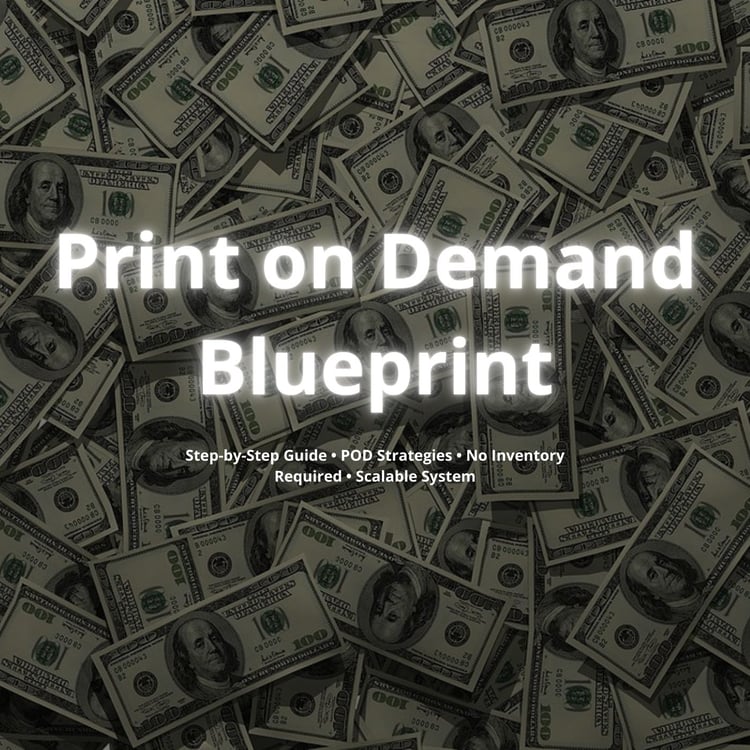 Clean, modern cover showing a laptop and T-shirt mockups with the title ‘Print-on-Demand Blueprint’ and subtitle about launching a POD business without inventory.