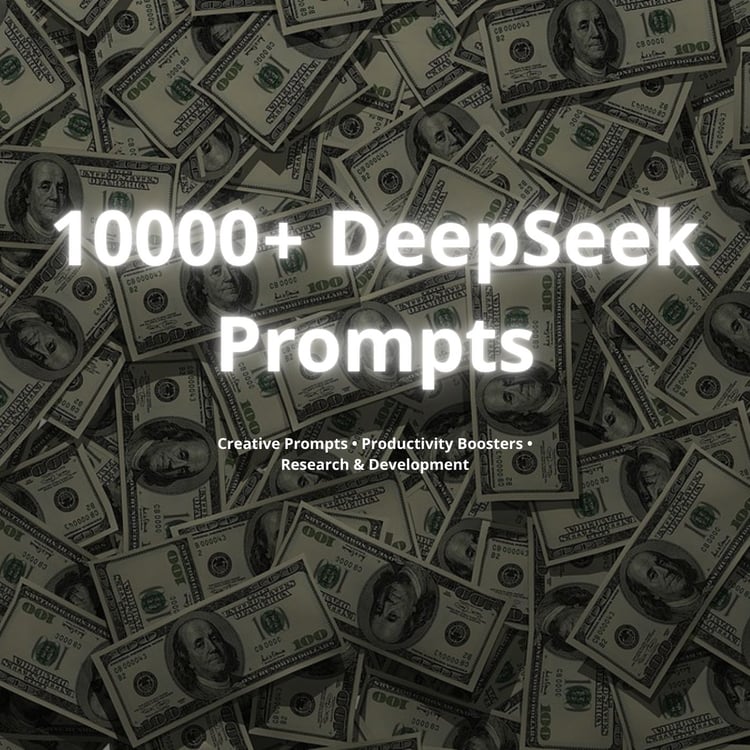 Product cover with money background and title ‘10,000+ DeepSeek Prompts’.