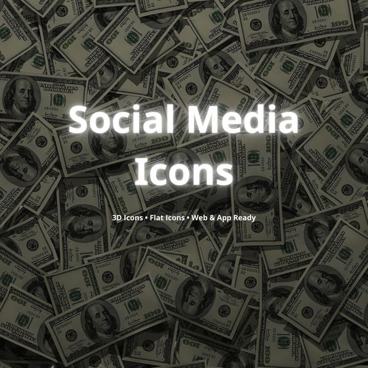 Product cover with money background and title ‘3D & Flat Social Media Icons’.