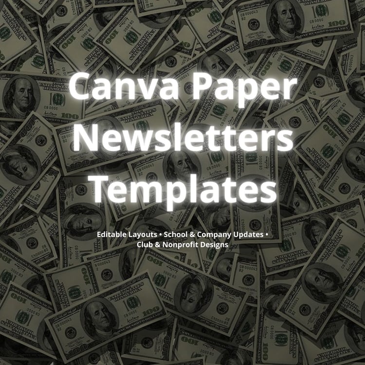 Product cover with money background and title ‘Canva Newsletter Templates’.