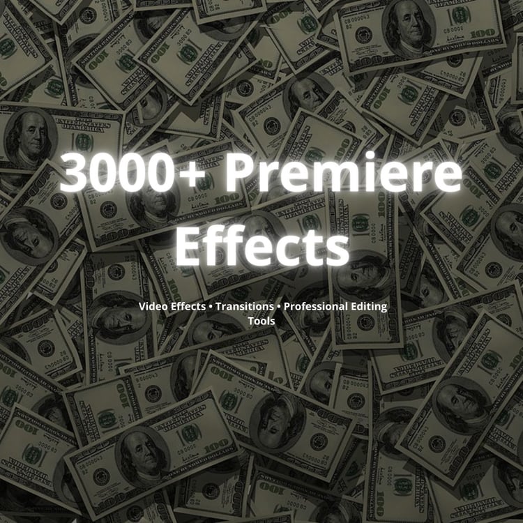 Product cover with money background and title ‘3,000+ Premiere Pro Effects’.