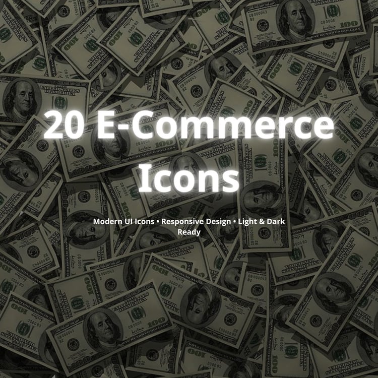 Product cover with money background and title ‘20 E-Commerce Icons’.