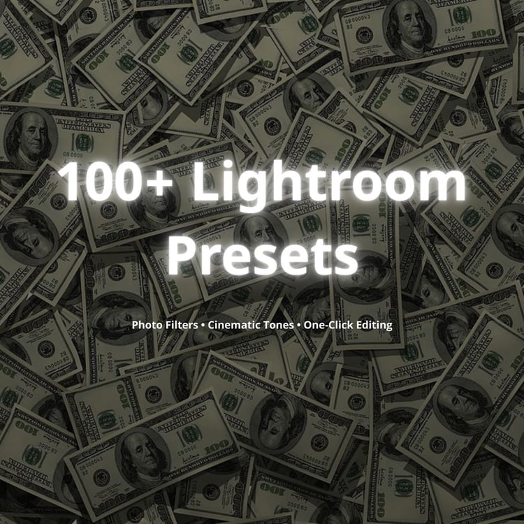 Product cover with money background and title ‘100+ Lightroom Presets’.