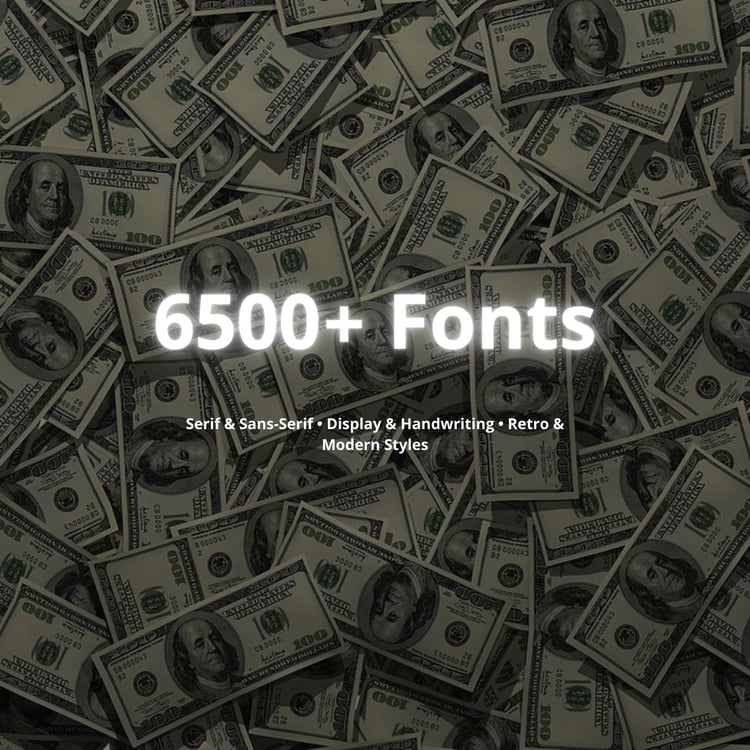 Product cover with money background and title ‘6,500+ Fonts Collection’.