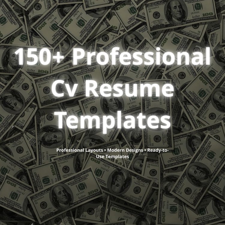 Product cover with money background and title ‘150+ CV & Resume Templates’.