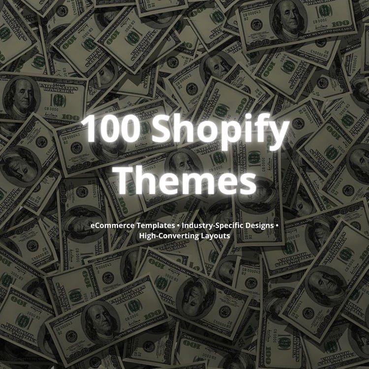 Product cover with money background and title ‘100 Shopify Themes’.