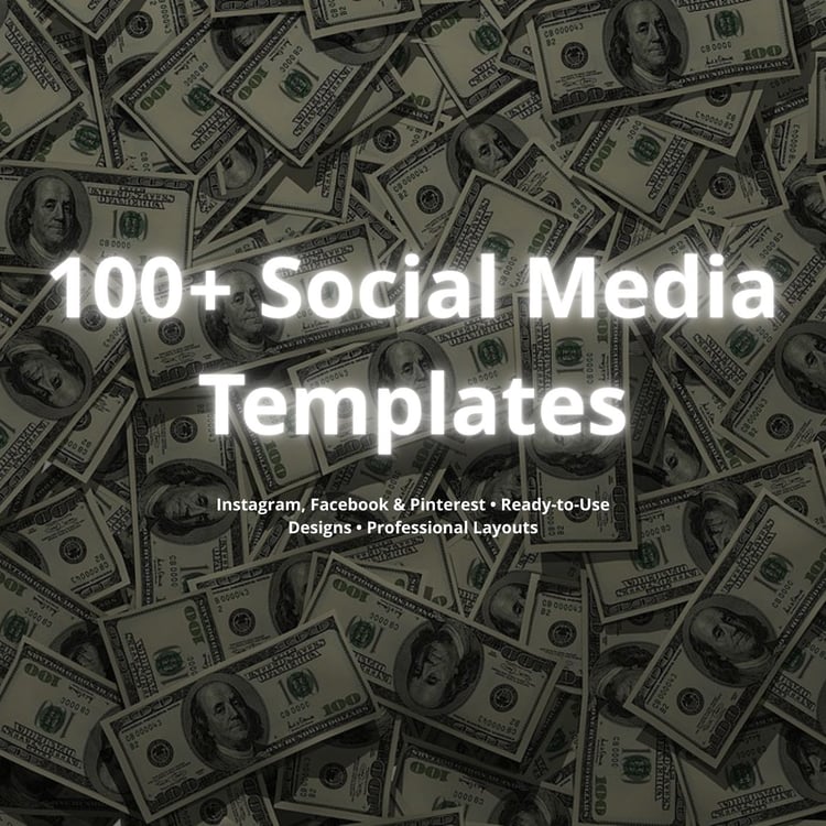 Product cover with money background and title ‘100+ Social Media Templates’.