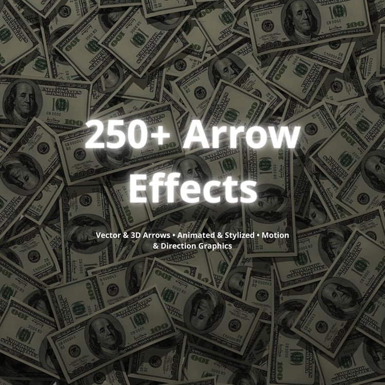 Product cover with money background and title ‘250+ Arrow Effects’.