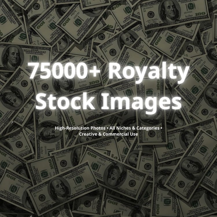 Product cover with money background and title ‘75,000+ Royalty-Free Stock Images’.