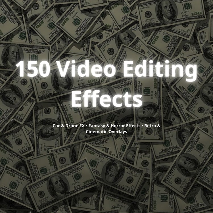Product cover with money background and title ‘150 Epic Editing Effects’.