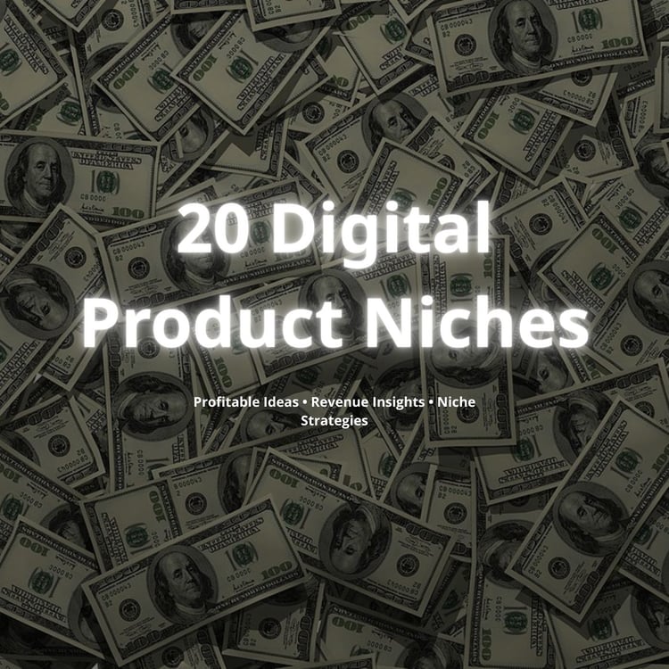 Product cover with money background and title ‘20 Digital Product Niches’.