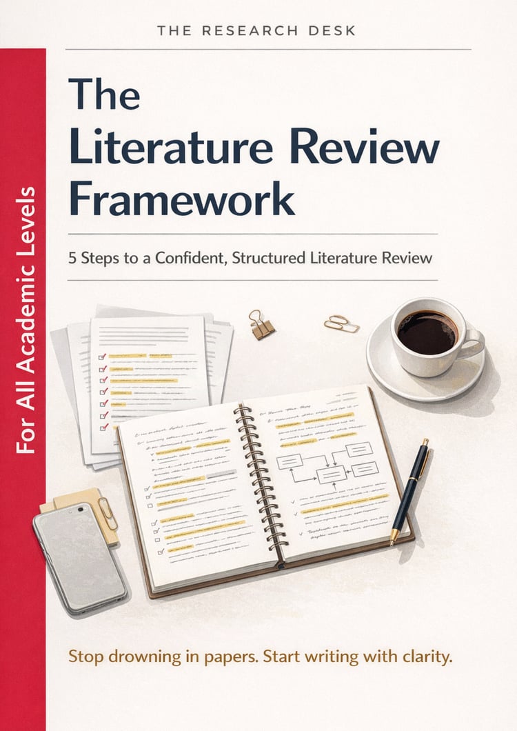 The Literature Review Framework workbook cover — a 5-phase step-by-step PDF guide for students and researchers, by The Research Desk