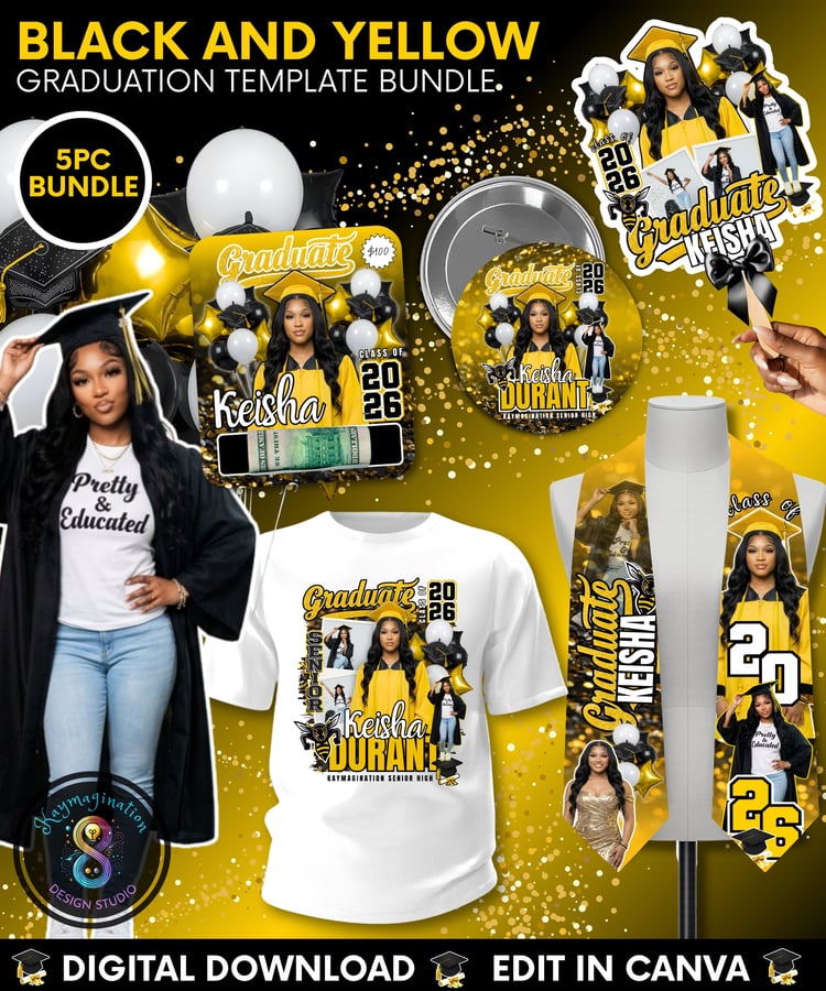 graduation template, black and yellow grad, class of 2026, grad shirt template, canva graduation bundle, graduation fan template, grad button design, stole template, senior 2026, diy graduation, graduation bundle canva, editable grad template, grad merch 