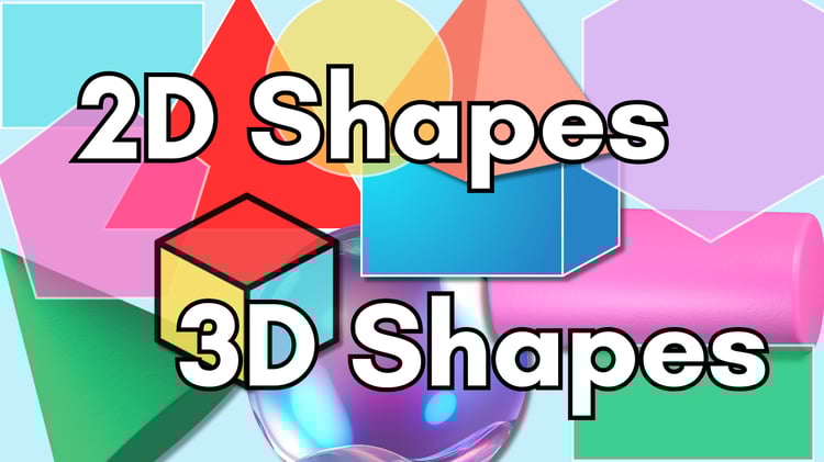 An abstract design of colourful 2D and 3D shapes.