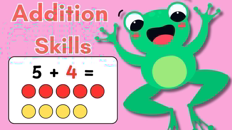 Addition skills demonstrating how to add together 5 and 4 using red and yellow counters.