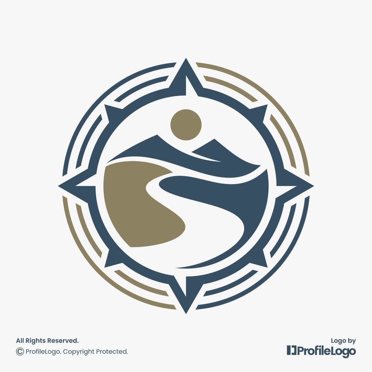 Luxury adventure compass mountain logo by ProfileLogo with light grey background