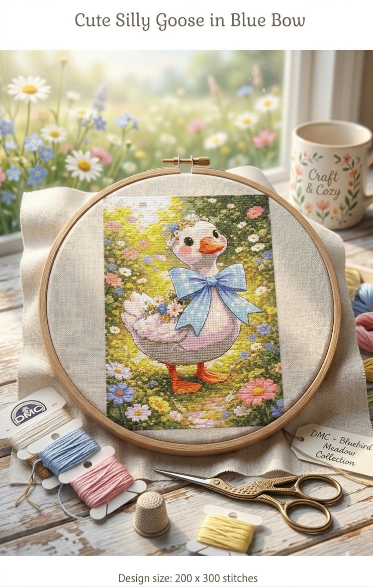 Cute goose cross stitch pattern featuring a blue coquette bow and floral cottagecore design. Beginner-friendly counted cross stitch PDF pattern for instant download.