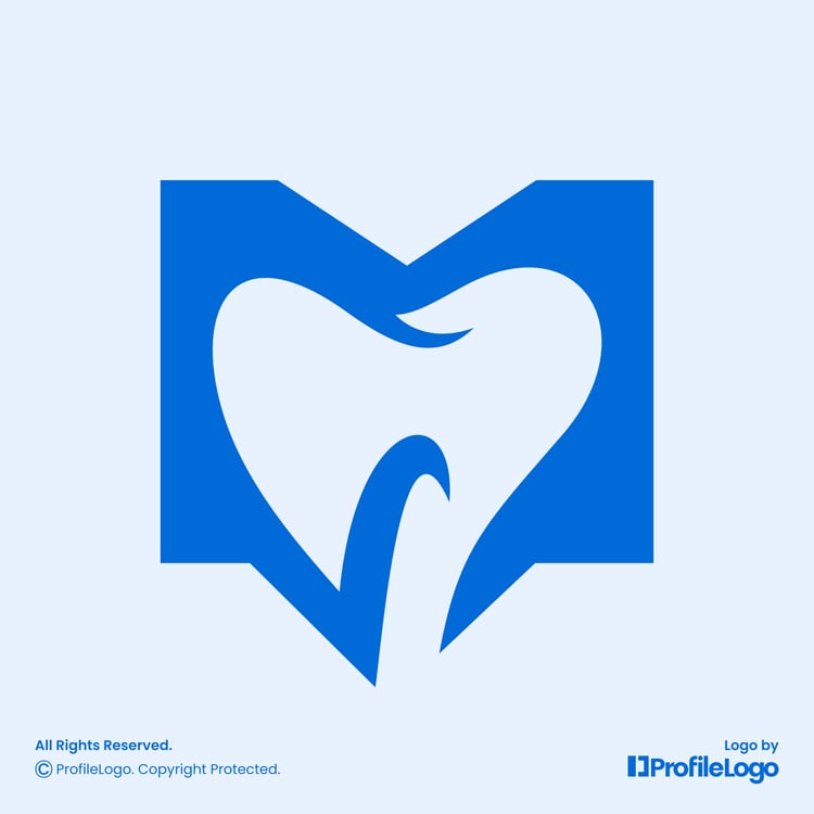 Modern letter M tooth dental logo by ProfileLogo with light blue background