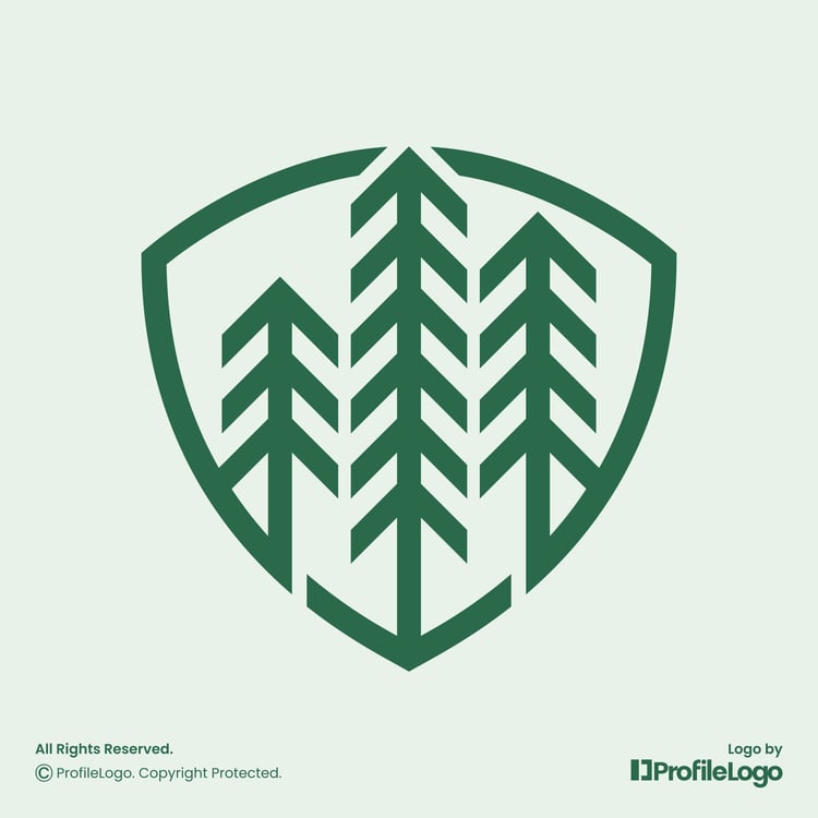 Minimalist pine tree shield logo by ProfileLogo with light green background