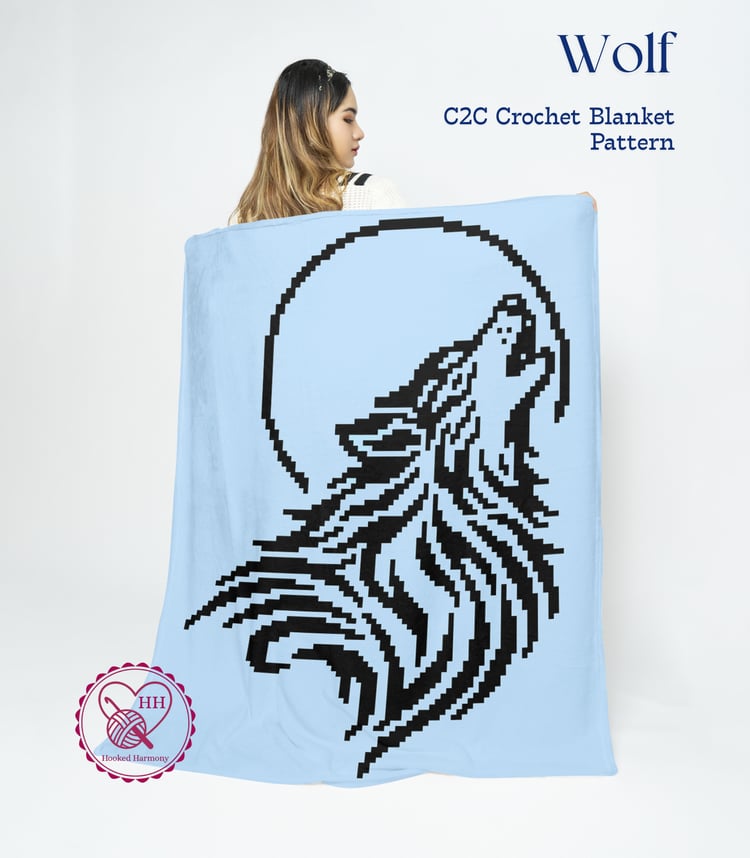 Wolf C2C crochet blanket pattern, blue blanket with black howling wolf design