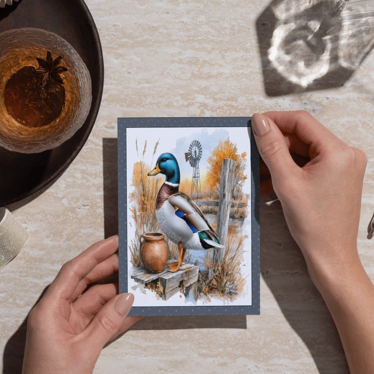 Mallard Duck, windmill, pond, crock, fall tree