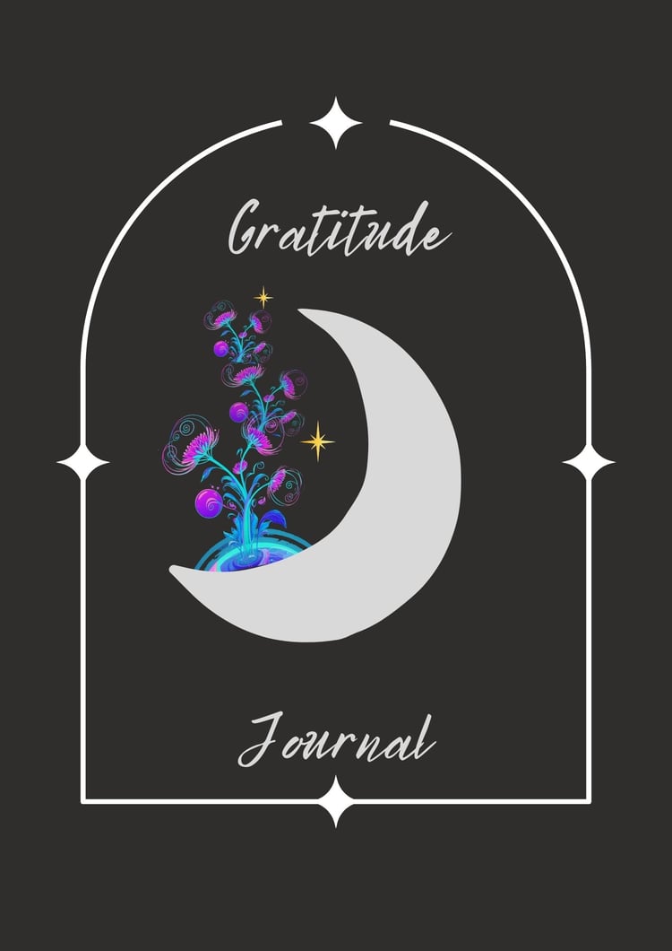 striking gratitude journal digital and printable black cover with gray crescent moon stars alien psychadelic flowers flowing up