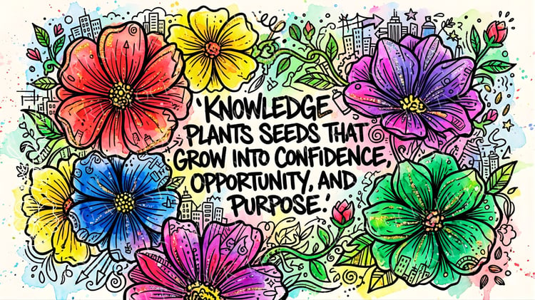 A vibrant watercolor and ink doodle illustration featuring colorful cosmos flowers and small cityscape elements framing the central hand-lettered motivational quote.