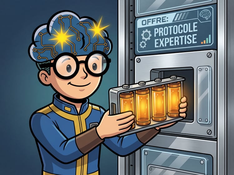 GMIND-BOY installant un rack de 4 cellules d'énergie ambre, symbolisant l'offre Protocole Expertise.