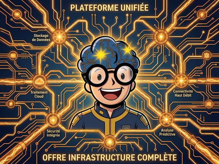 GMIND-BOY au centre d'un immense réseau électrique ambre, symbolisant l'offre Infrastructure Complète.