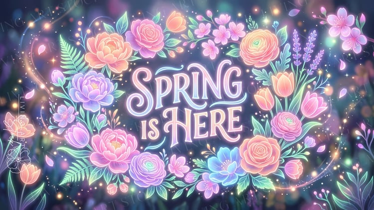 Colorful floral illustration features the phrase "Spring is Here" surrounded by a vibrant arrangement of various flowers, including roses, peonies, and tulips. The flowers are depicted in a swirling pattern with hues of pink, orange, blue, and purple. Lea