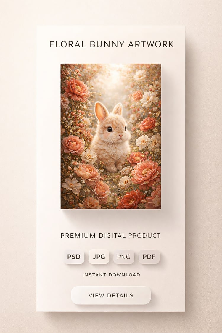 Floral bunny printable wall art collection showing nursery mockups, digital product display, file formats, and printable artwork presentation.