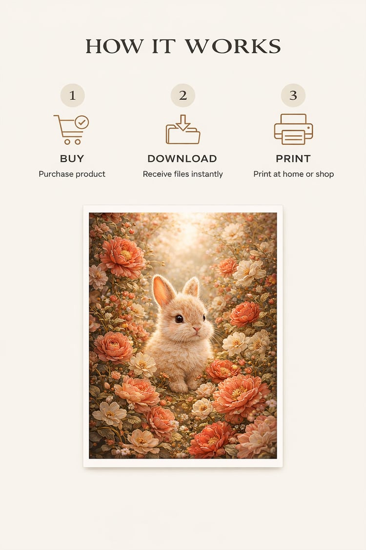 Floral bunny printable wall art collection showing nursery mockups, digital product display, file formats, and printable artwork presentation.