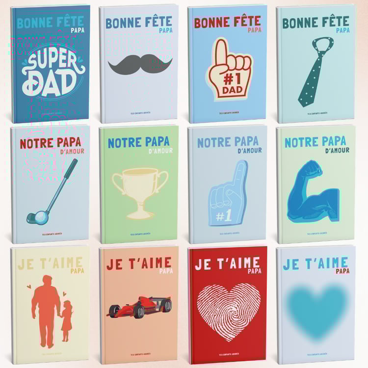 Grille présentant 12 designs de couvertures d'albums photos pour la fête des pères : illustrations de sport, de famille, de voiture de course et messages d'amour en français.