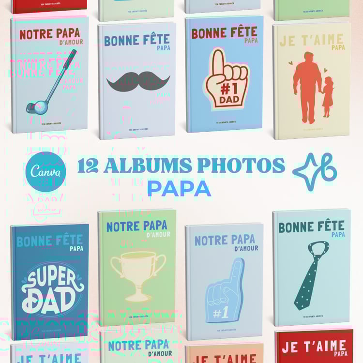 Sélection de couvertures d'albums photos personnalisables pour papa avec le logo Canva. Modèles variés incluant des thèmes golf, moustache, trophée et super-héros.