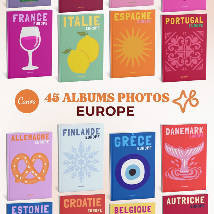 Sélection dalbums photos souvenirs personnalisables pour 45 pays dEurope, avec le logo Canva. Thèmes illustrés pour la France, lItalie, lEspagne et plus.