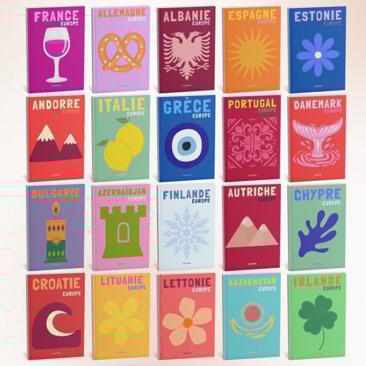 Grille présentant des couvertures dalbums photos pour des pays européens comme lAllemagne, la Finlande, la Grèce, le Danemark, chacun avec une illustration unique.