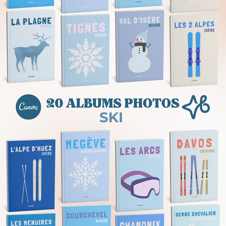 Mosaïque de couvertures d'albums photos de ski pour des stations françaises (La Plagne, Tignes, Val d'Isère), avec le logo Canva. Thème illustré d'hiver.