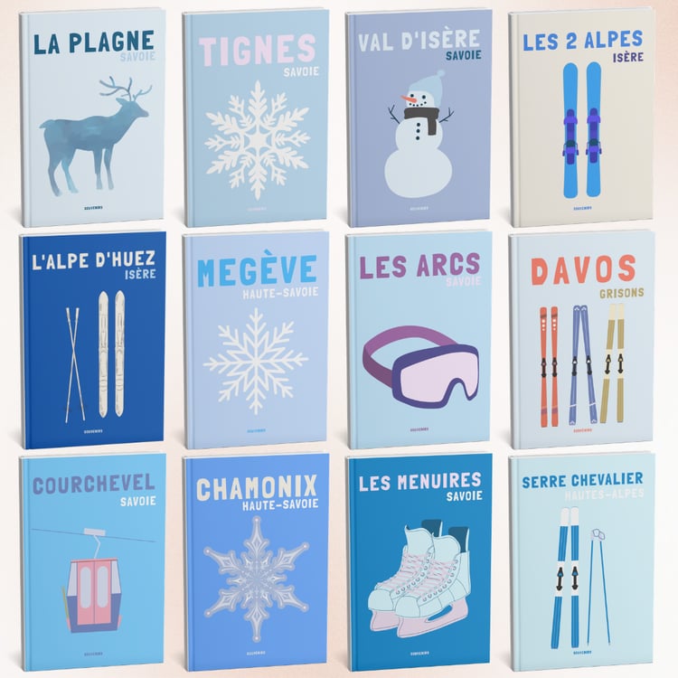 Sélection de 12 couvertures d'albums photos de ski éditables, incluant des stations comme L'Alpe d'Huez et Les Arcs. Illustrations modernes de matériel de ski et paysages enneigés