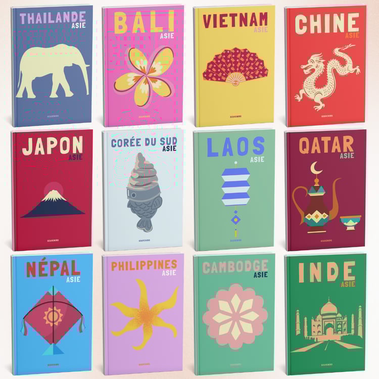 Grille de 12 couvertures d'albums photos Asie incluant le Japon, la Corée du Sud, le Vietnam et l'Indonésie, avec des icônes culturelles comme le torii ou le lotus.